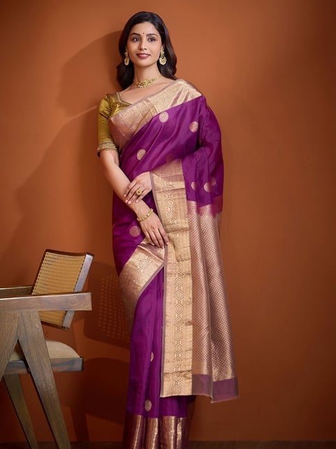 Taneira Dark Violet Silk Woven Design Saree with Unstitched Blouse-picture-38
