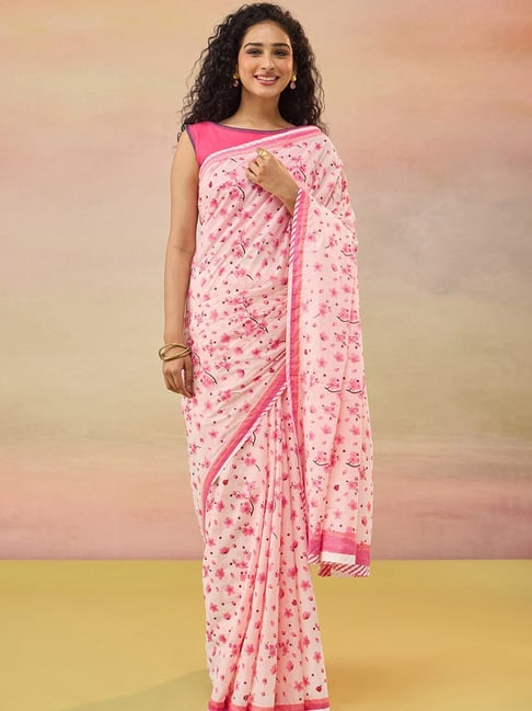 Taneira Light Pink Cotton Floral Saree with Unstitched Blouse-picture-11