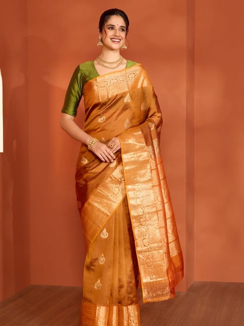 Taneira Orange Silk Woven Design Saree with Unstitched Blouse-picture-42