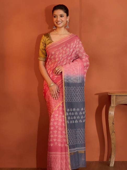 Taneira Pink Cotton Woven Design Saree with Unstitched Blouse-picture-31