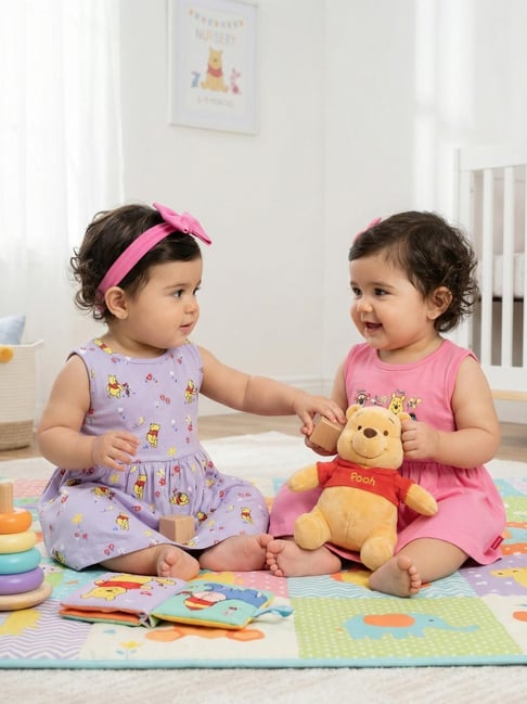Nauti Nati Girls Pink and Lavender Cotton Regular Fit Teddy Bear Print Dress - Pack of 2