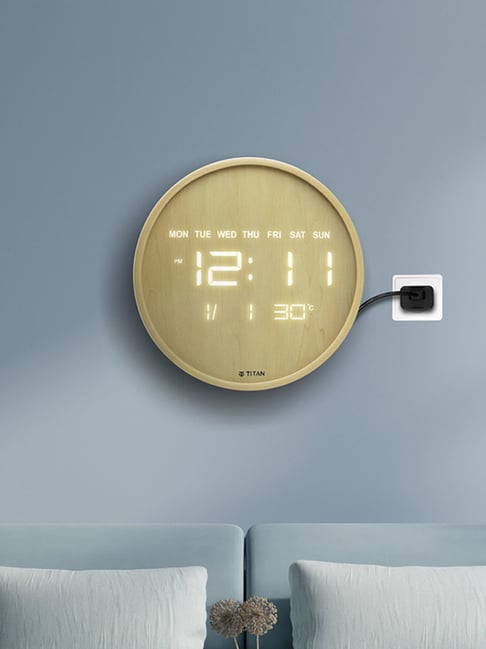 Titan Wood-Grain Brown Round LED Digital Wall Clock