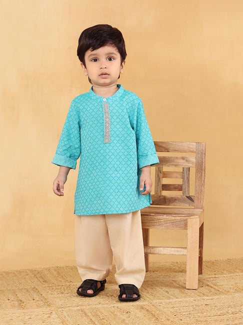Fabindia Infants Boys Teal Cotton Self Kurta Set-picture-31