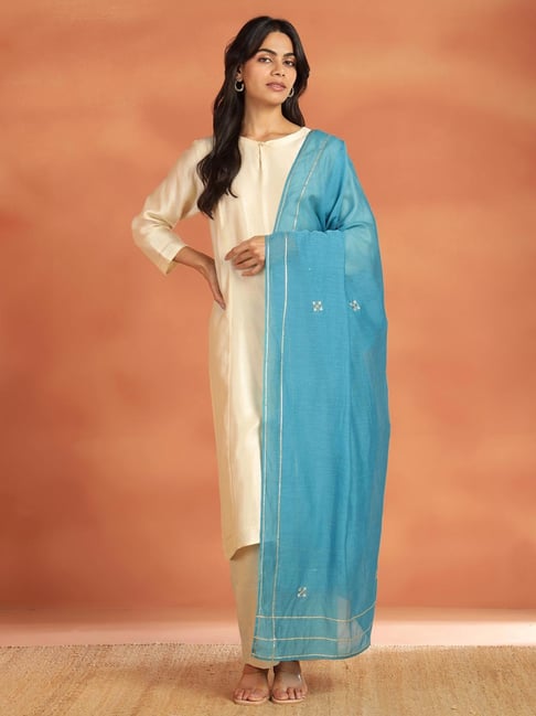 Fabindia Teal Cotton Embroidered Dupatta-image-26