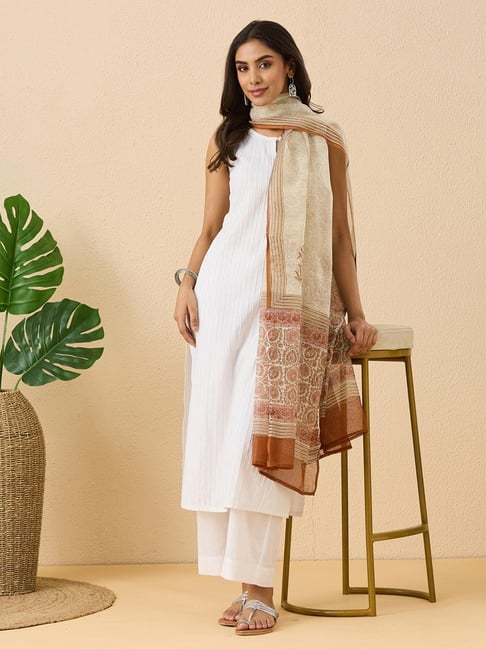 Fabindia White-Brown Cotton Printed Dupatta-picture-41