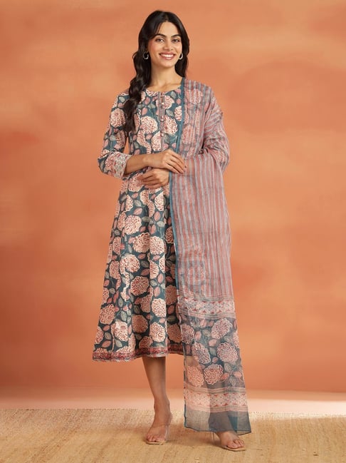 Fabindia Teal Cotton Printed Three-Quarter Sleeves Kurta with Dupatta-image-4