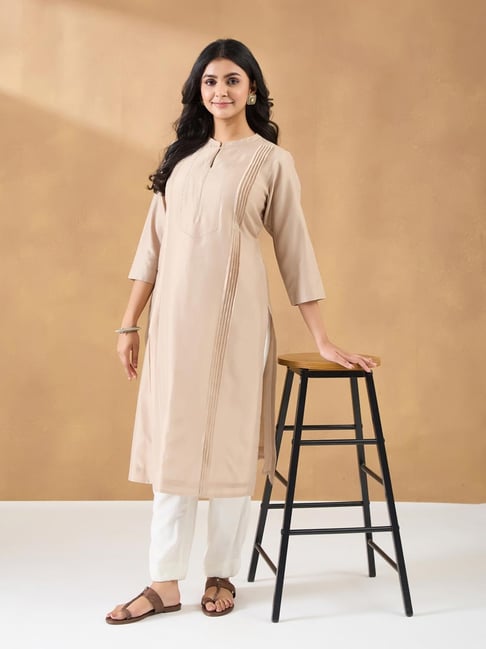 Fabindia Grey Silk Woven Design Three-Quarter Sleeves Long Kurta-picture-31