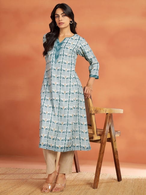 Fabindia Blue Silk Printed Three-Quarter Sleeves Long Kurta-picture-23