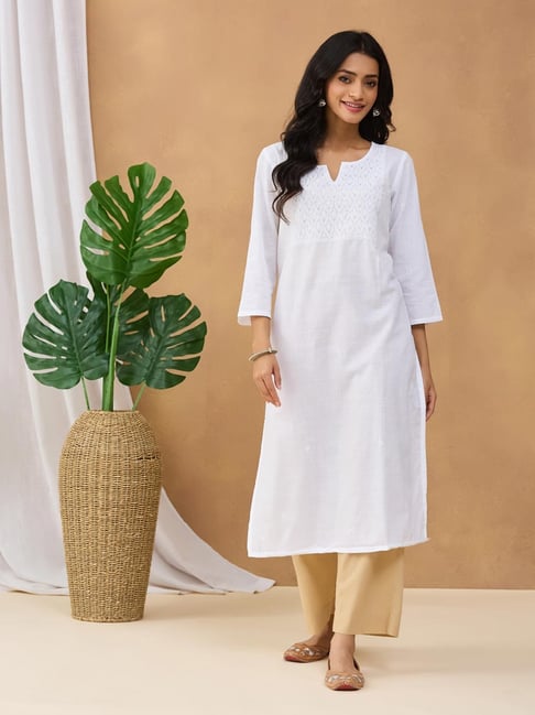 Fabindia White Cotton Embroidered Three-Quarter Sleeves Long Kurta-picture-13