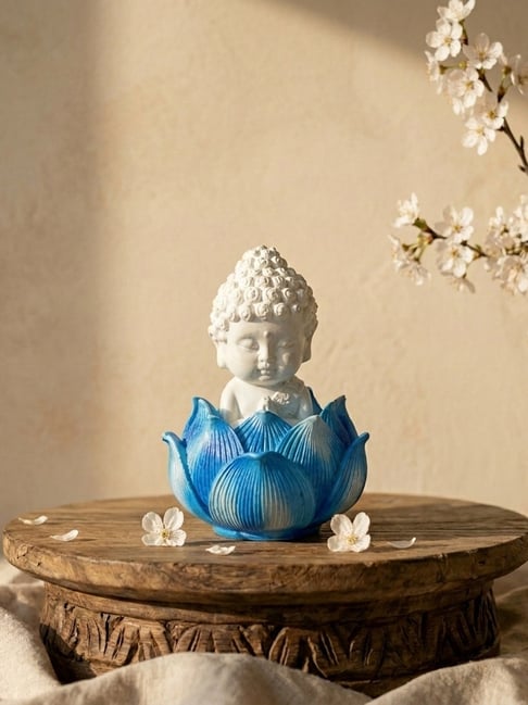 eCraftIndia Blue Resin Lotus Baby Buddha Statue Showpiece