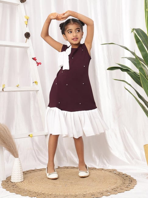 Neudis Girls Wine Regular Fit Color Blocked Dress-picture-20