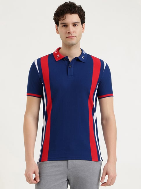 United Colors of Benetton Blue Cotton Relaxed Fit Striped Polo T-Shirt