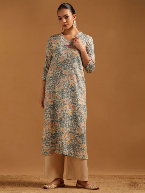 Soch Turquoise Regular Fit Floral Print Kurta-picture-24