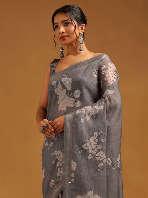 Soch Grey Floral Print Saree With Unstitched Blouse-picture-23