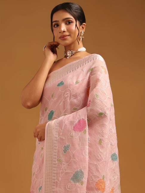 Soch Pink Linen Embroidered Saree With Unstitched Blouse-picture-18