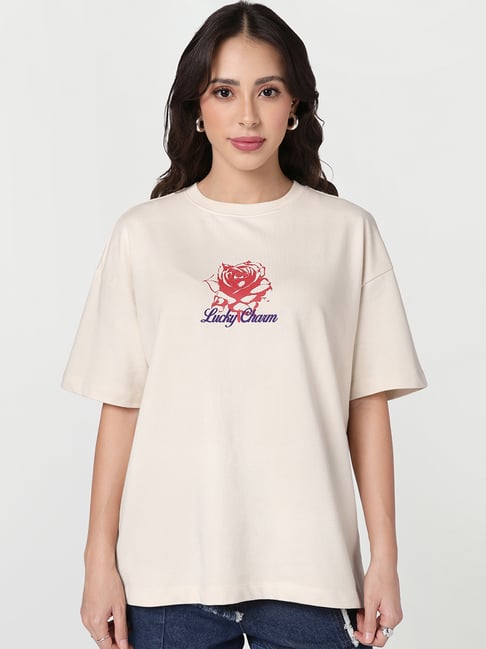 Bewakoof Beige Lucky Charm Graphic Printed Oversized T-shirt