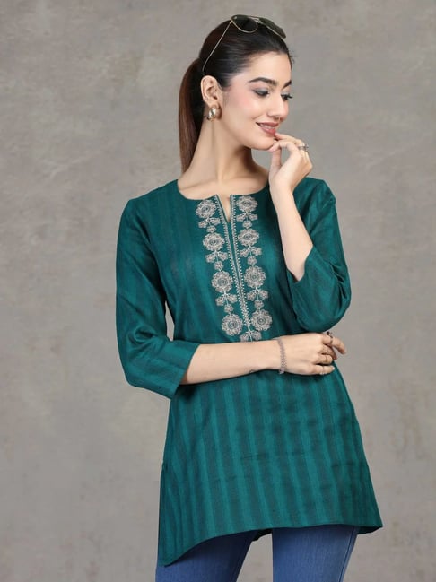 Cotton Culture Teal Cotton Regular Fit Embroidered Tunic-picture-10