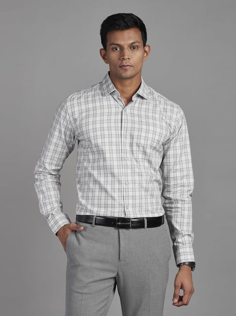 Reid & Taylor Grey & White Cotton Regular Fit Checked Shirt