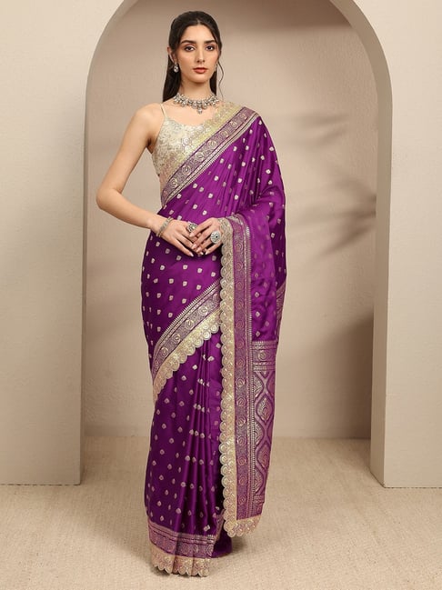 Libas Purple Ethnic Motif Zari Woven Design Saree with Embellished Sequins Border and Blouse Piece-picture-37