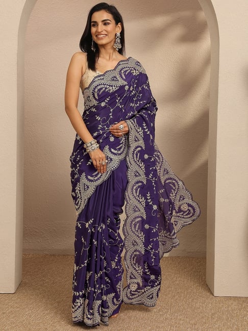 Libas Purple Floral Zari Embroidered Saree with A Blouse Piece-picture-42