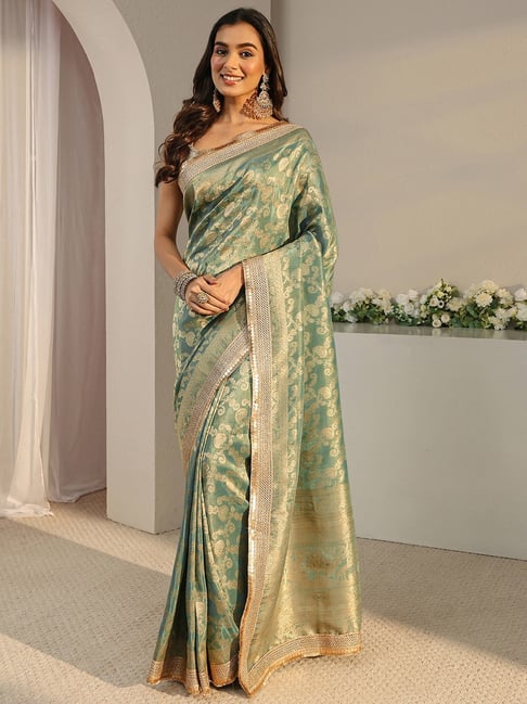 Libas Art Green Floral Woven Design Saree with Gotta Patti Border and A Blouse Piece-picture-40