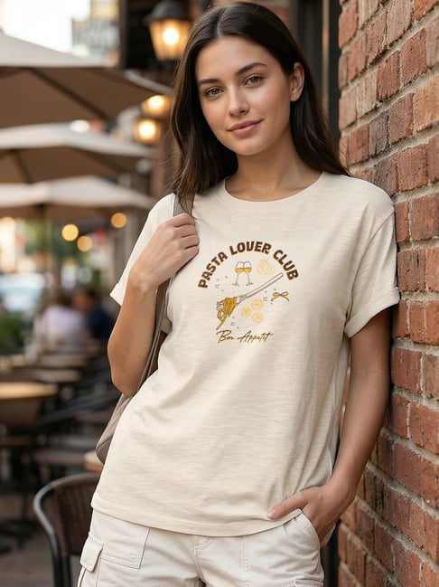 Bewakoof Women's Beige Indulge Graphic Printed Boyfriend T-shirt