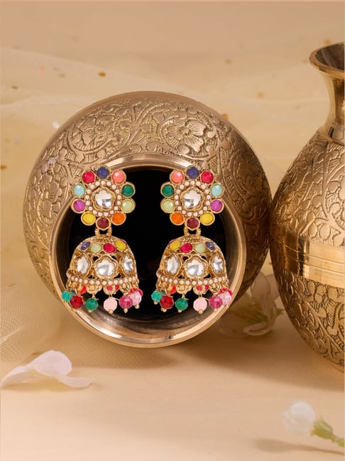 Zaveri Pearls Multicolor Stones Beads Embellished Antique Plating Jhumki Earrings for Women-picture-16