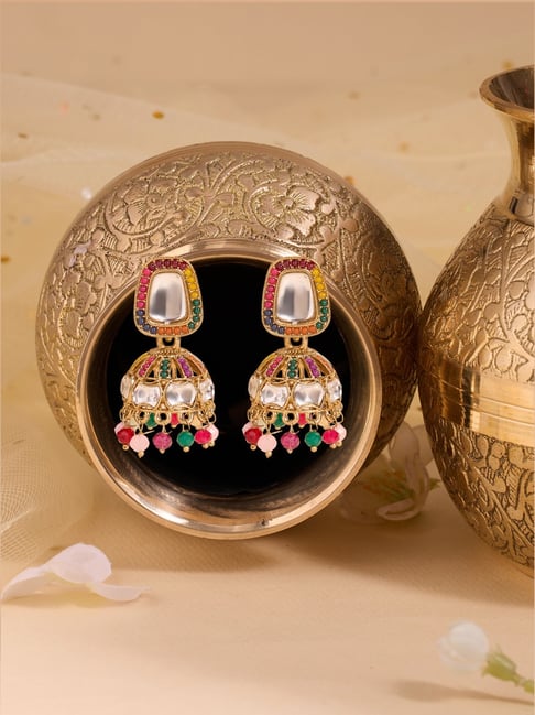 Zaveri Pearls Multicolor Stones Beads Embellished Antique Plating Jhumki Earrings for Women-picture-17
