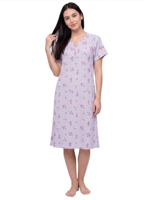 R&B Purple Cotton Regular Fit Floral Print Night Dress-picture-15