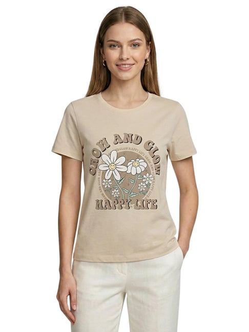 R&B Beige Cotton Regular Fit Printed T-Shirt