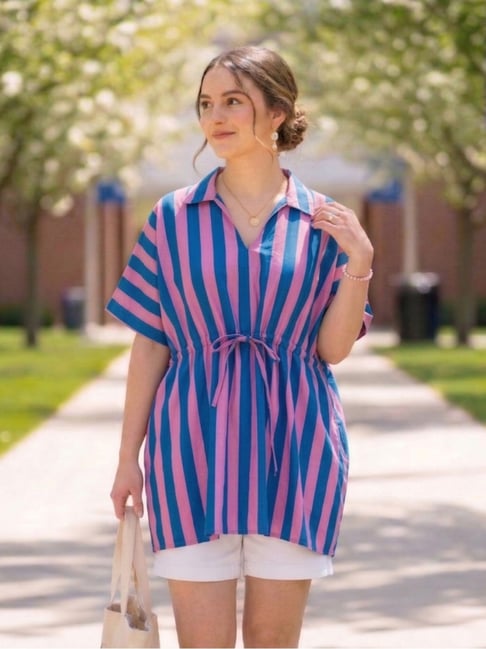 Qurvii Pink Cotton Striped Short Sleeves Top-image-24