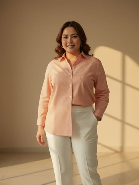 Qurvii Orange Cotton Striped Long Sleeves Shirt-image-15