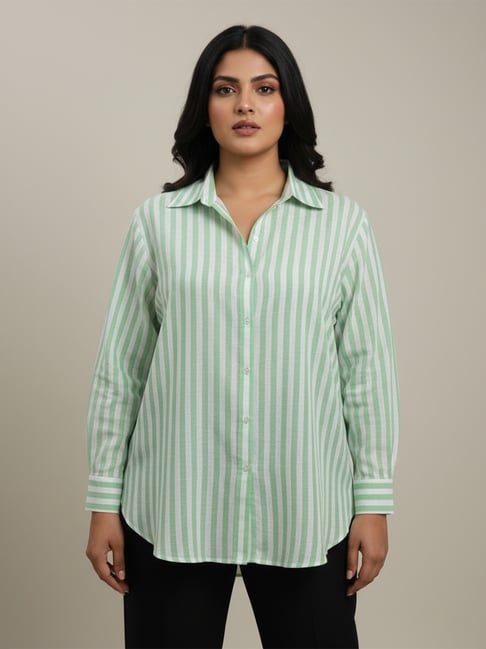 Qurvii Green Linen Striped Long Sleeves Shirt-picture-16