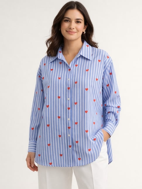 Qurvii Blue Cotton Striped Long Sleeves Shirt-image-14