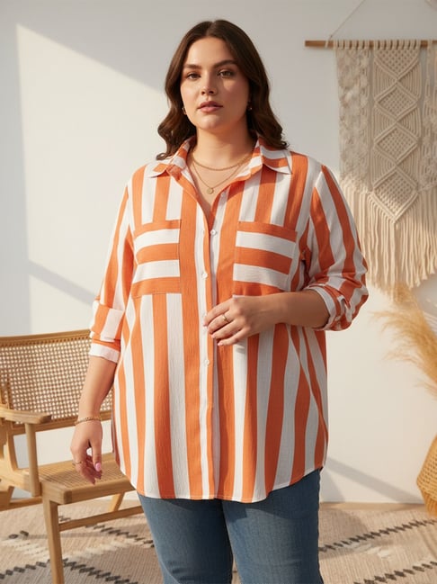 Qurvii Orange Striped Three-Quarter Sleeves Shirt-image-13