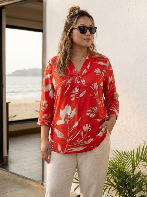 Qurvii Red Printed Three-Quarter Sleeves Shirt-picture-48