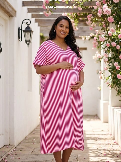 Qurvii Pink Striped Short Sleeves Dress-image-18