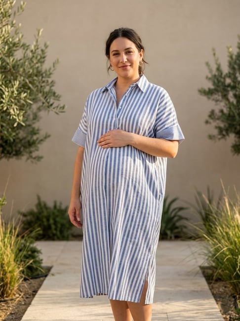 Qurvii Blue Linen Striped Short Sleeves Oversize Dress-image-23