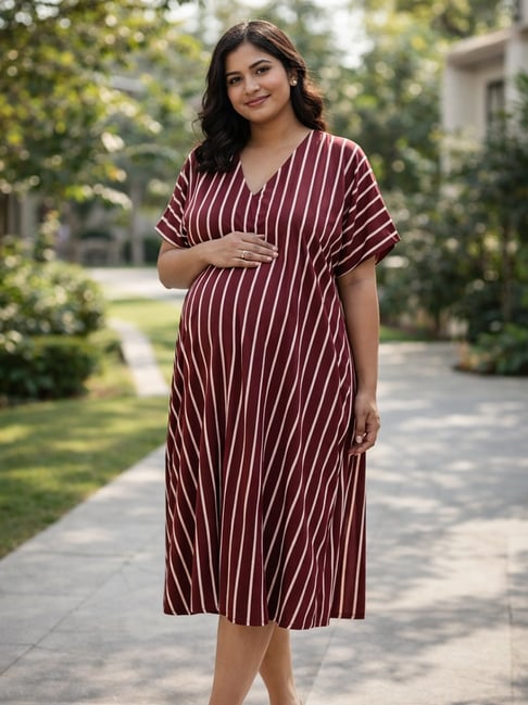 Qurvii Maroon Striped Short Sleeves Dress-image-20