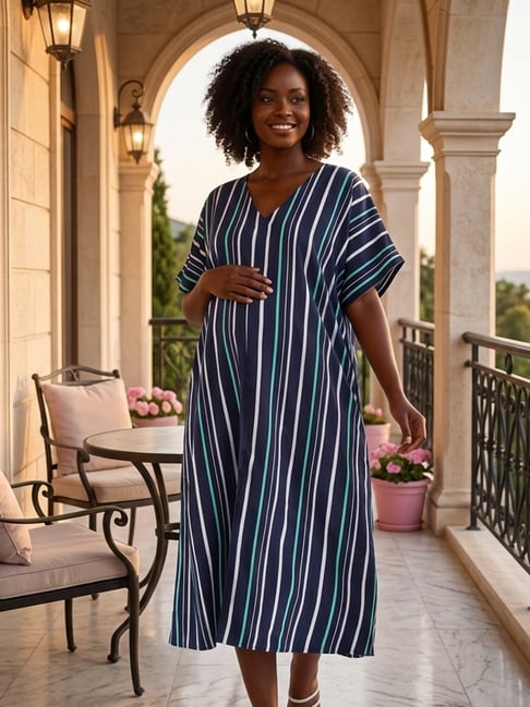 Qurvii Navy Striped Short Sleeves Dress-image-21