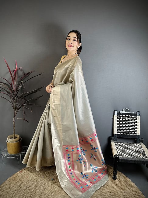 Elora Grey Tissue Woven Design Saree With Unstitched Blouse-picture-36