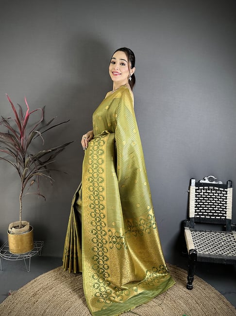 Elora Green Silk Checked Saree With Unstitched Blouse-picture-47