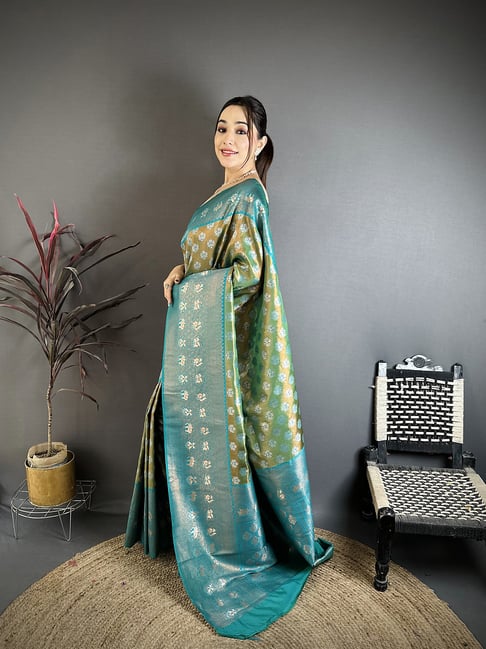Elora Green Silk Floral Saree With Unstitched Blouse-picture-33