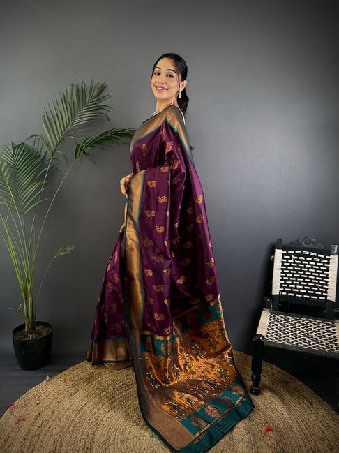 Elora Wine Silk Woven Design Saree With Unstitched Blouse-picture-20