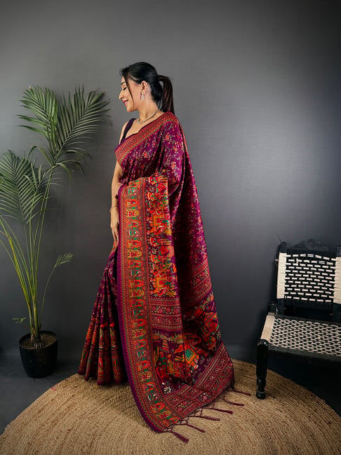 Elora Wine Silk Floral Saree With Unstitched Blouse-picture-21