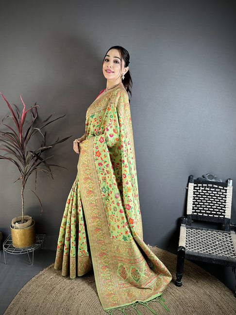Elora Green Silk Floral Saree With Unstitched Blouse-picture-36