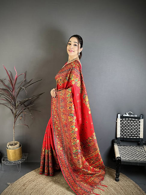 Elora Red Silk Floral Saree With Unstitched Blouse-picture-19