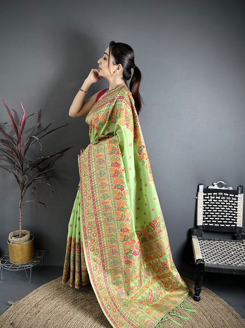 Elora Green Silk Floral Saree With Unstitched Blouse-picture-35