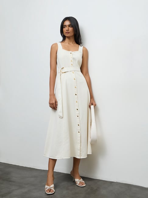 LOV by Westside Off-White Denim Cotton A-Line Dress with Belt-picture-32