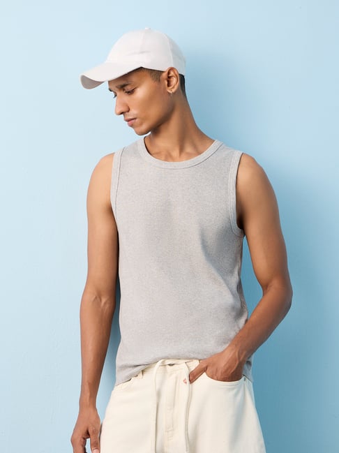 nuon men Nuon by Westside Grey Ribbed-Textured Relaxed-Fit Cotton-Blend T-Shirt-picture-37